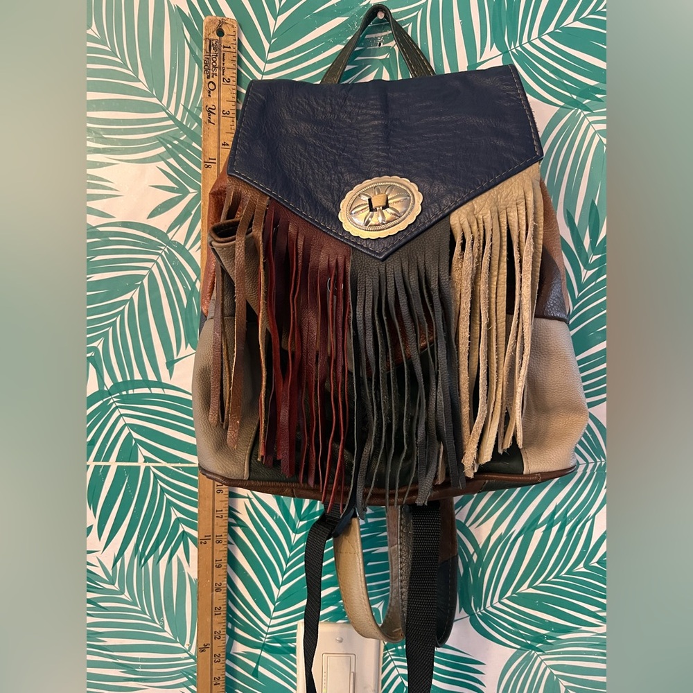 Western Leather Patchwork Backpack Fringe Detail … - image 7